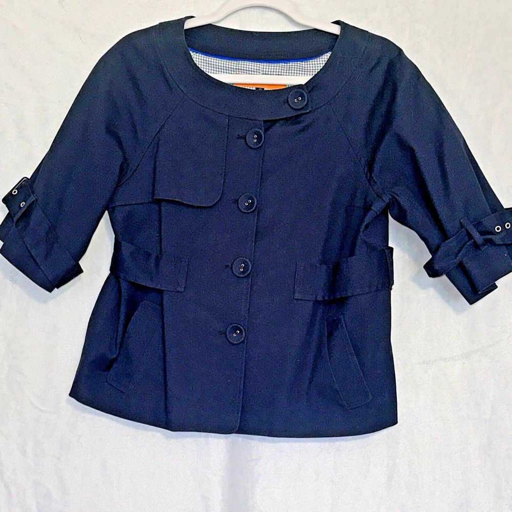 Cynthia Steffe Jacket Womens Size 8 Blue Career Linen Blend Mid Sleeve Ruffle